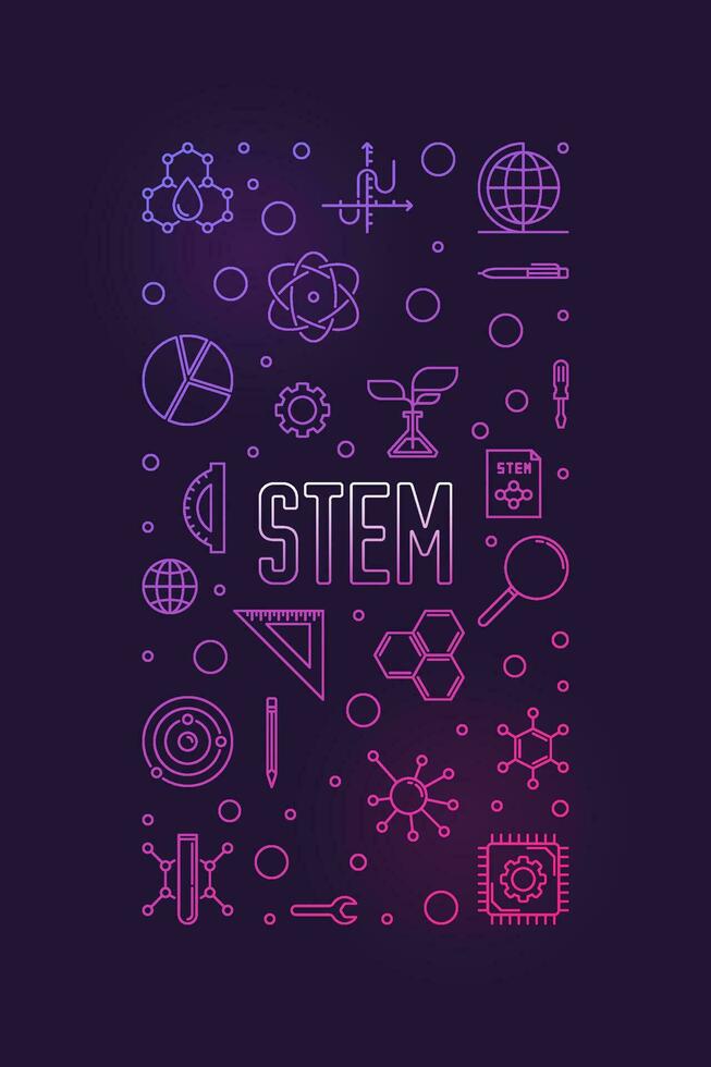 STEM concept vertical minimal linear purple banner. Science, technology, engineering, mathematics illustration vector