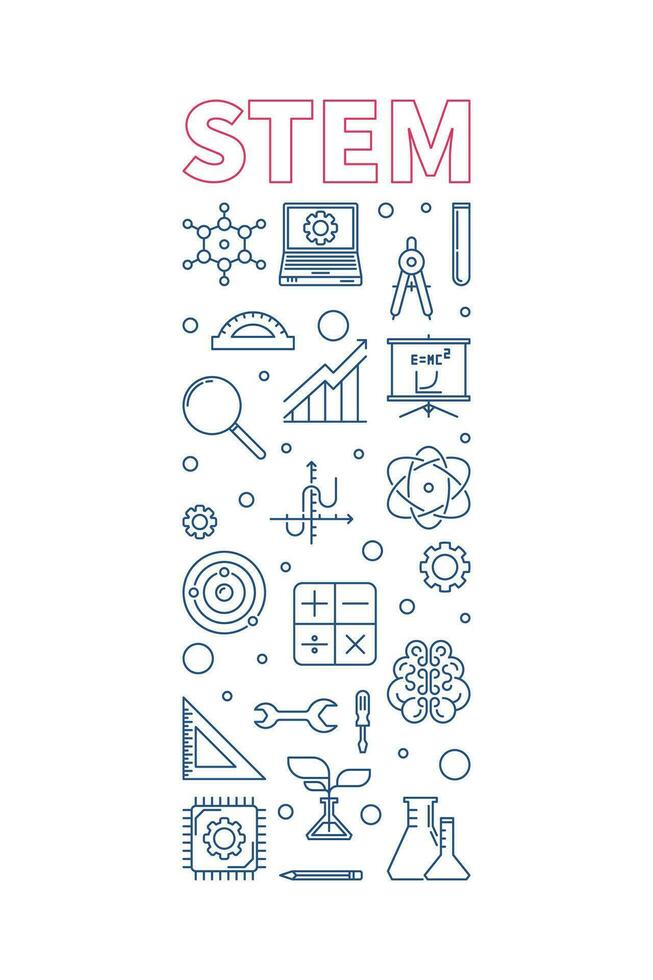 STEM vector outline vertical blue simple banner. Science concept illustration