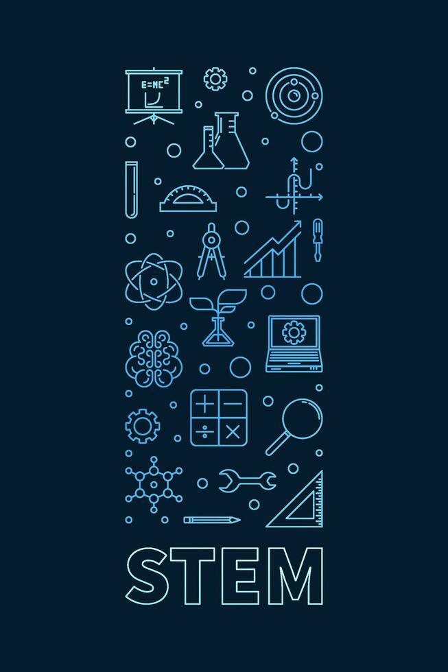STEM concept vertical minimal outline blue banner - Science, Tech, Engineering and Maths thin line illustration vector