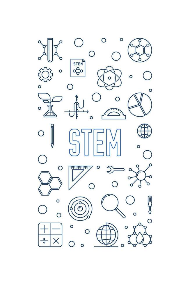 STEM vector thin line vertical minimal blue banner. Science concept illustration