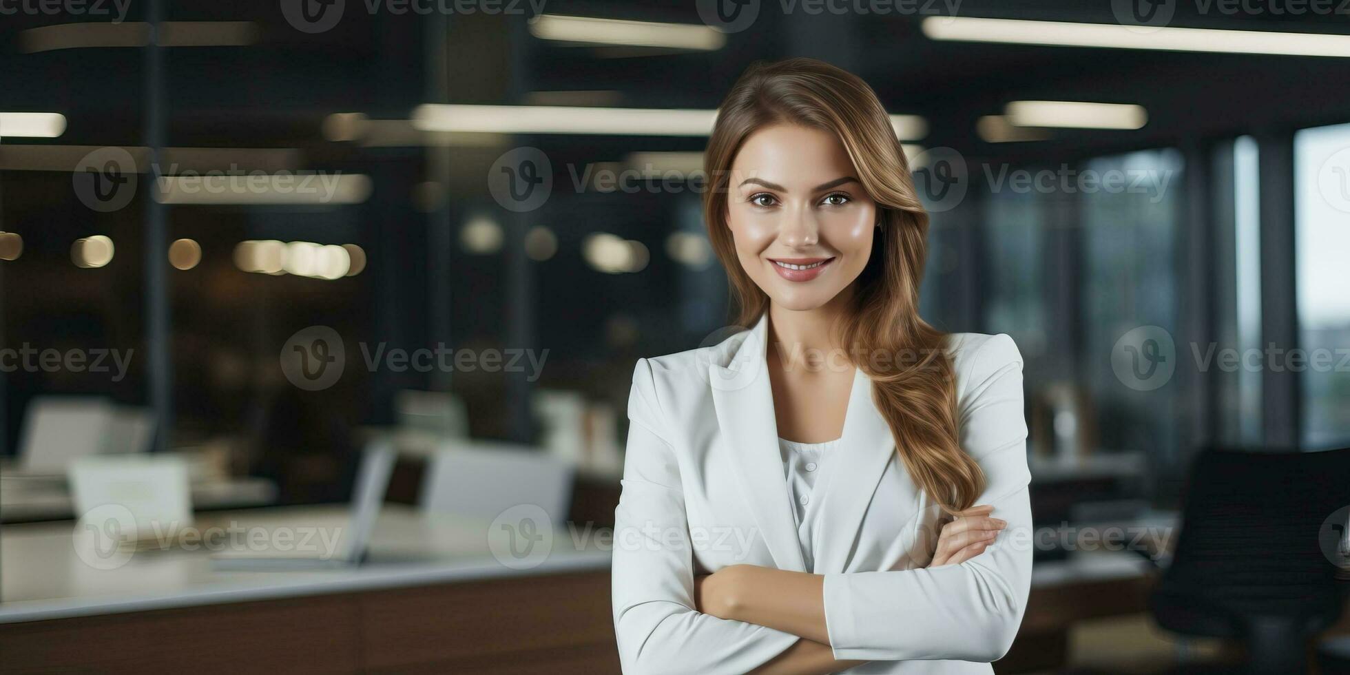 portrait of smiling businesswoman standing with crossed arms in modern office. AI Generated. photo