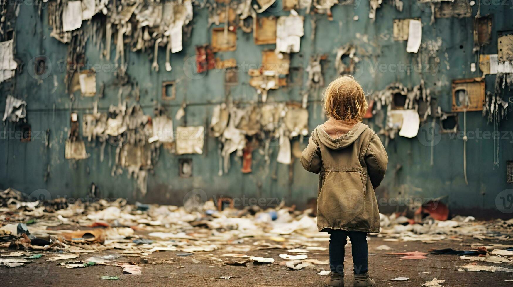 A little girl alone because of the war. AI Generated. photo