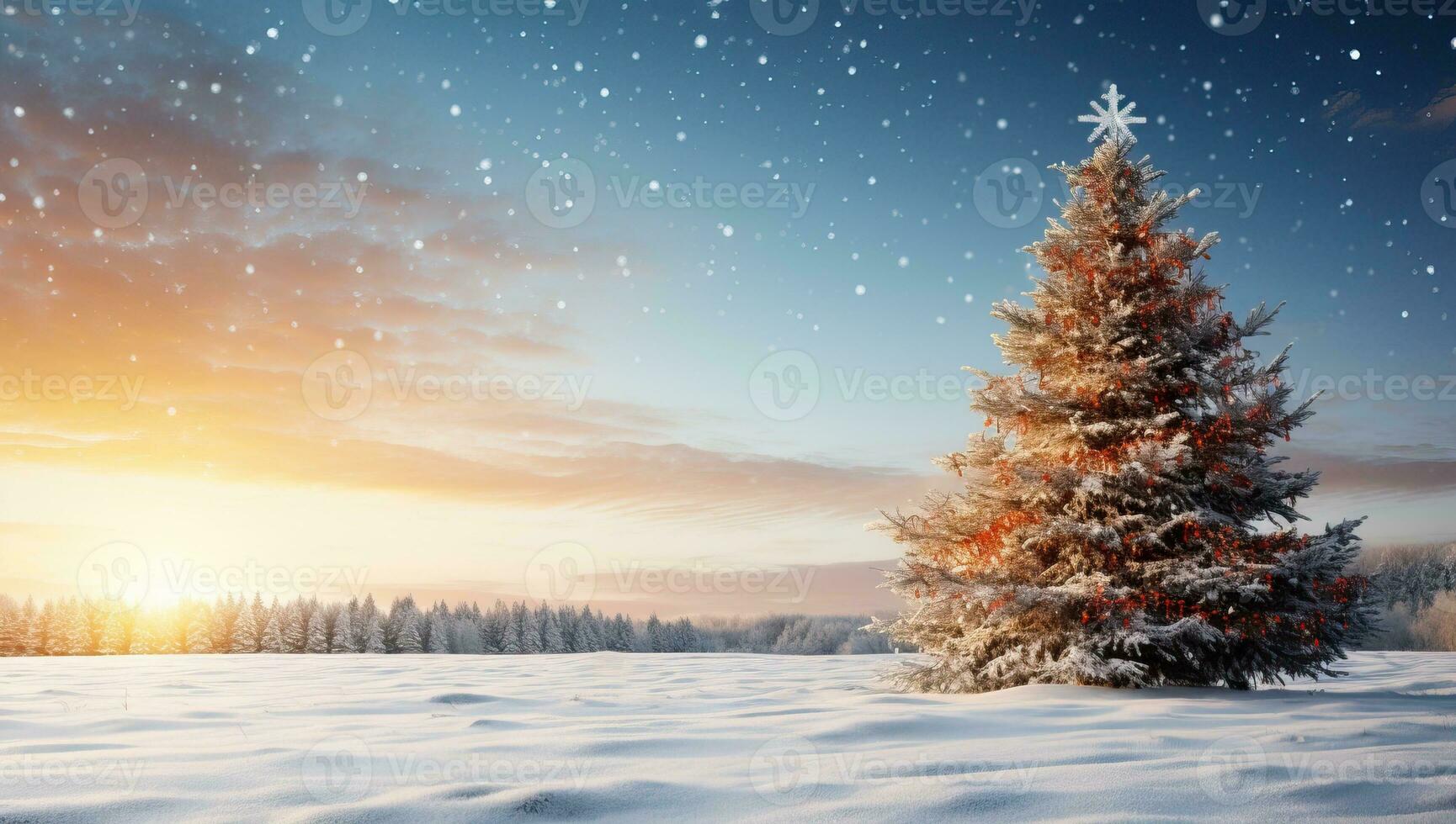 Fir tree covered with snow against snowy landscape with fir trees at sunset AI Generated photo