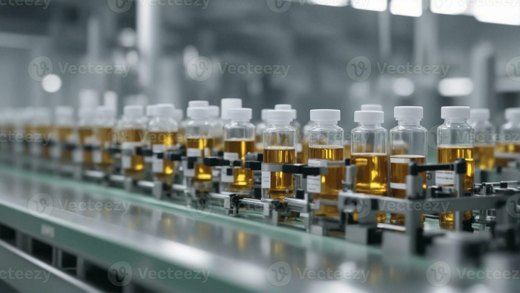 The pharmaceutical factory medical vials on the production line, pharmaceutical glass bottles production line, Generative AI photo