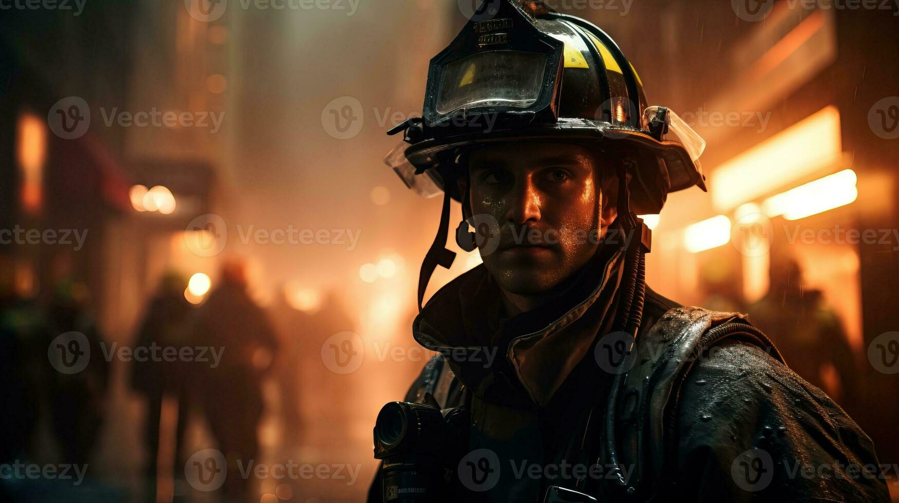 Portrait of a firefighter in uniform and helmet standing in the fire AI Generated photo