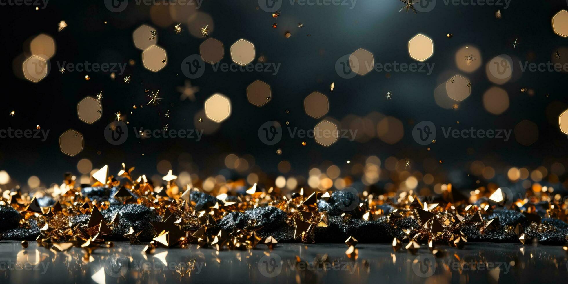 Gold confetti on black background with bokeh effect. AI Generated. photo