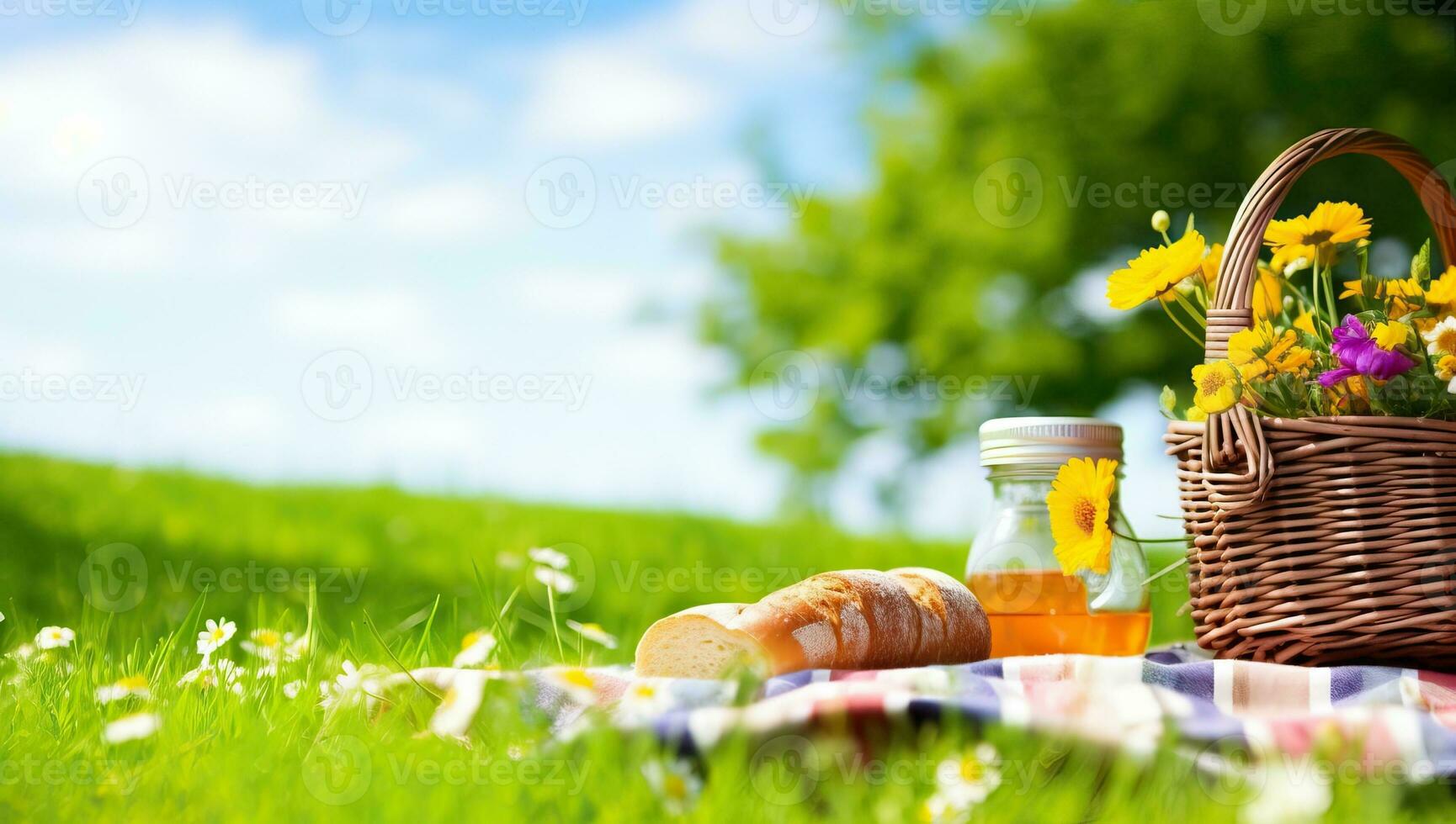 Picnic basket with honey and bread on green grass in sunny day. AI Generated. photo