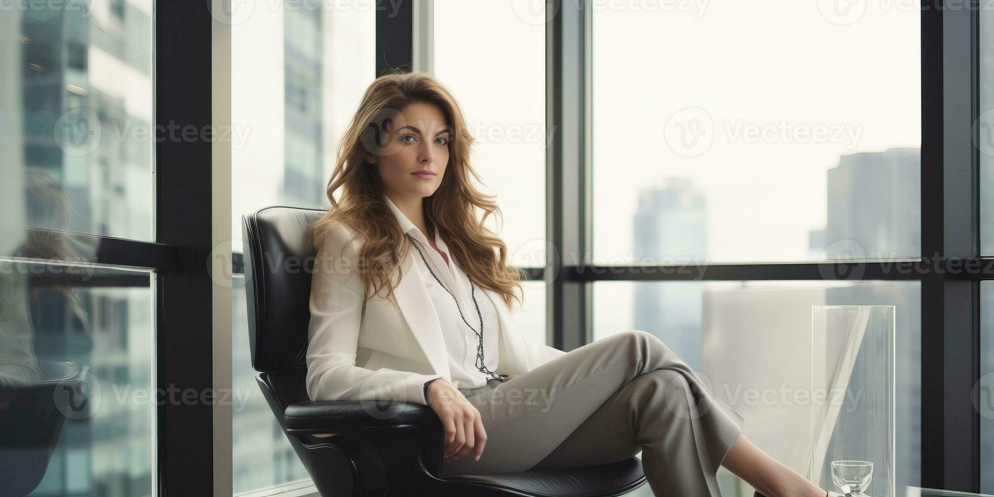 retrato de un hermosa mujer de negocios sentado en un oficina silla. ai generado. foto