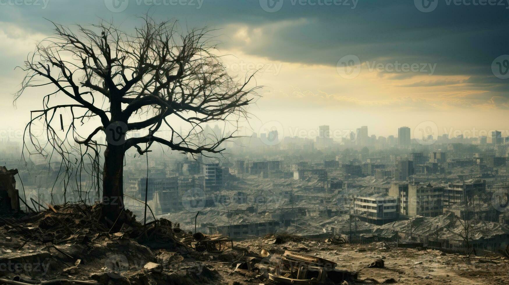 tree killed by war, city destroyed in the background. AI Generated. photo