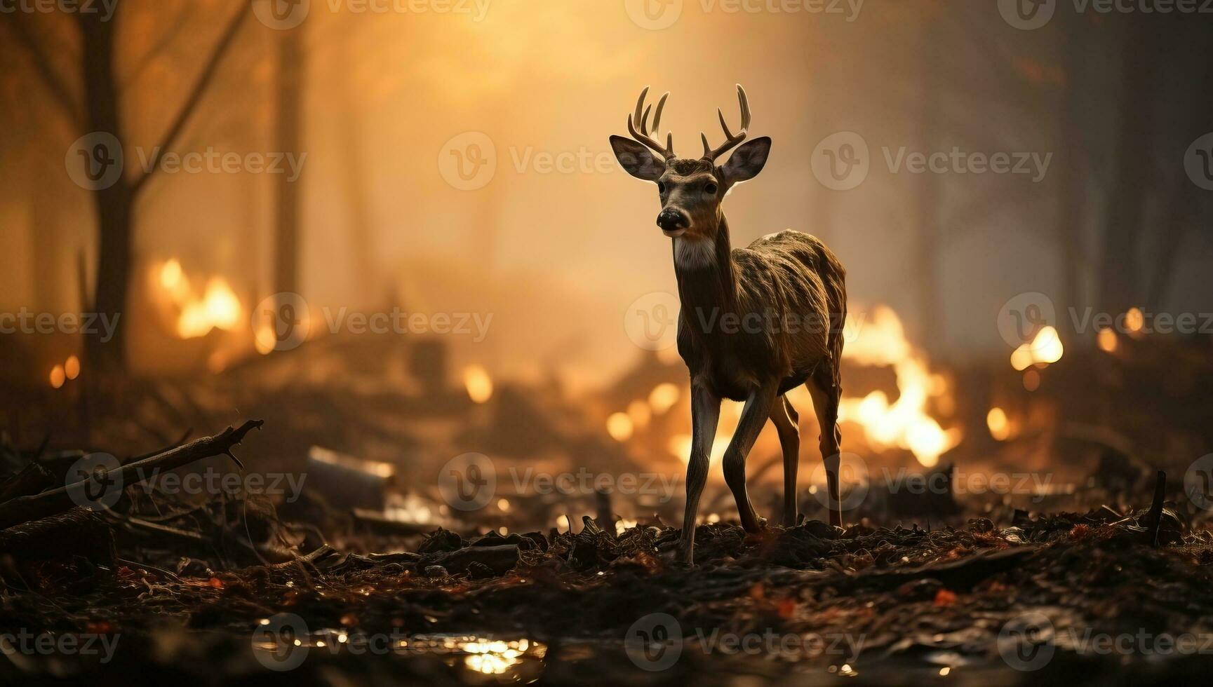Whitetail Deer Buck in a burning forest. AI Generated. photo