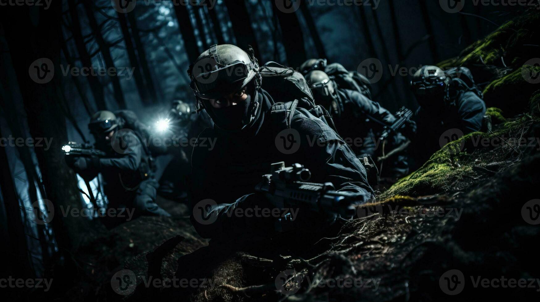 Group of special forces soldiers in dark forest at night AI Generated photo