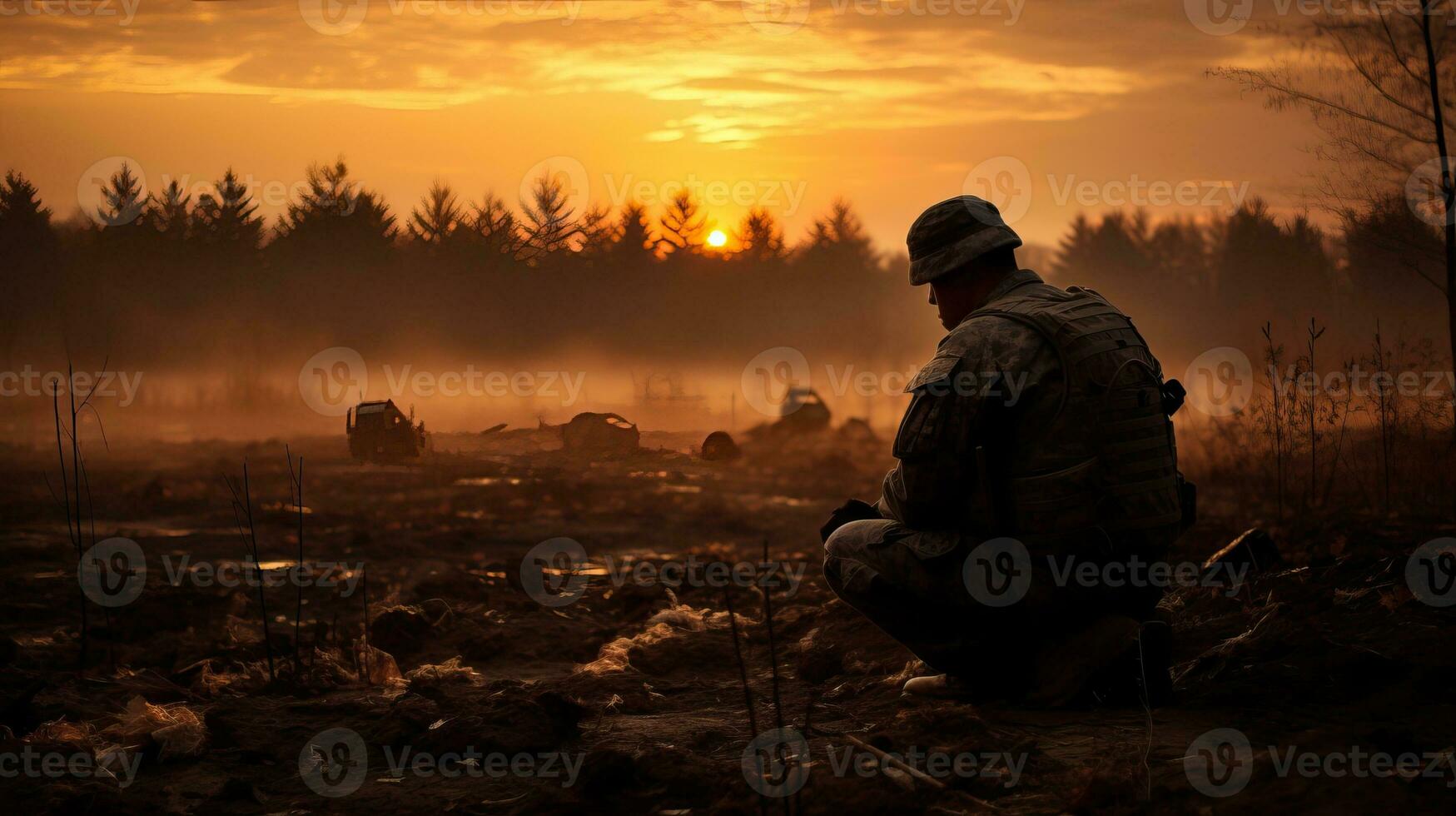 Soldier sitting on the ground in the forest and watching the sunset AI Generated photo