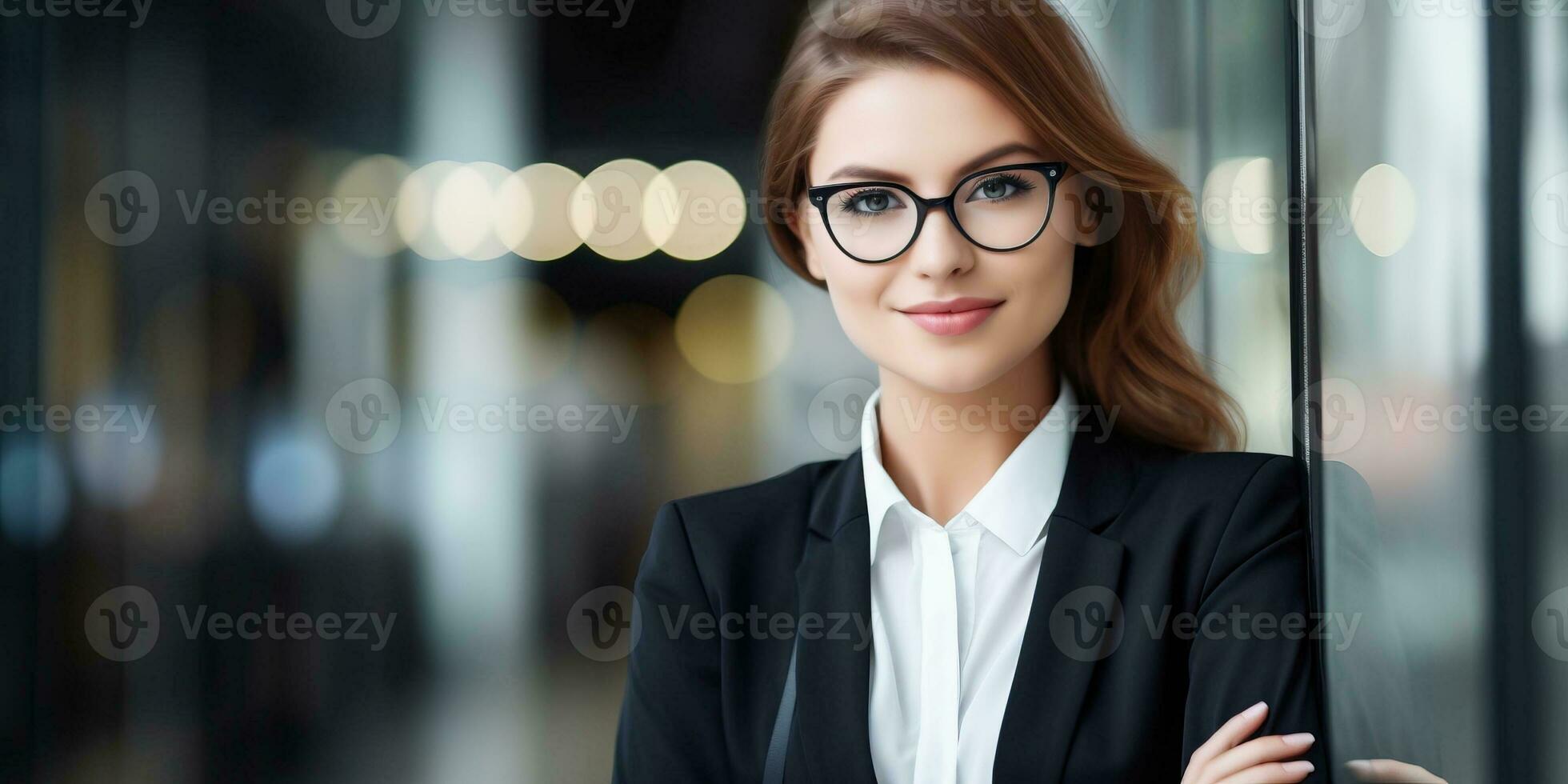 Portrait of a beautiful young businesswoman in a suit and glasses. AI Generated. photo