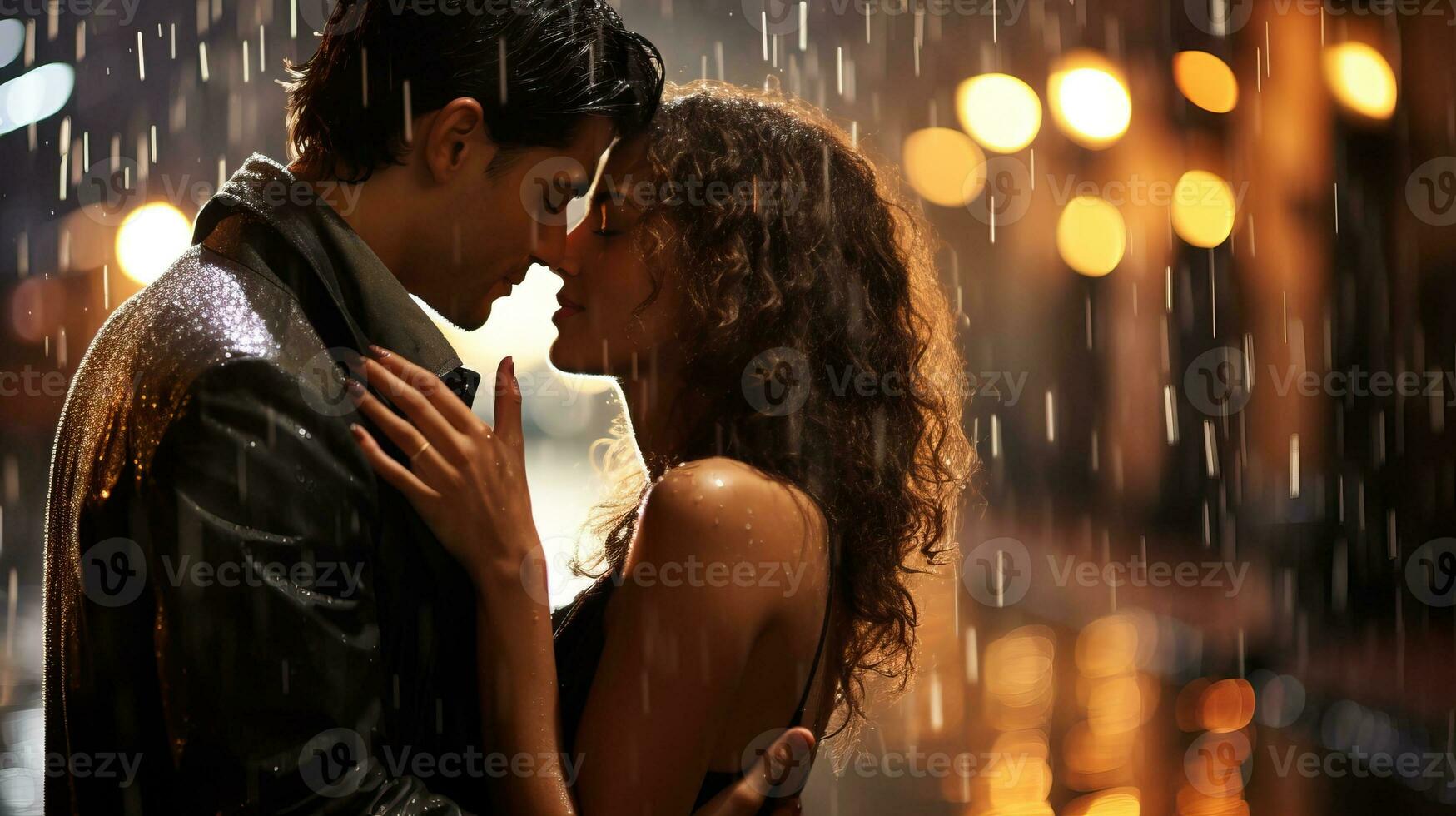 Beautiful young couple kissing under rain in city at night AI Generated photo