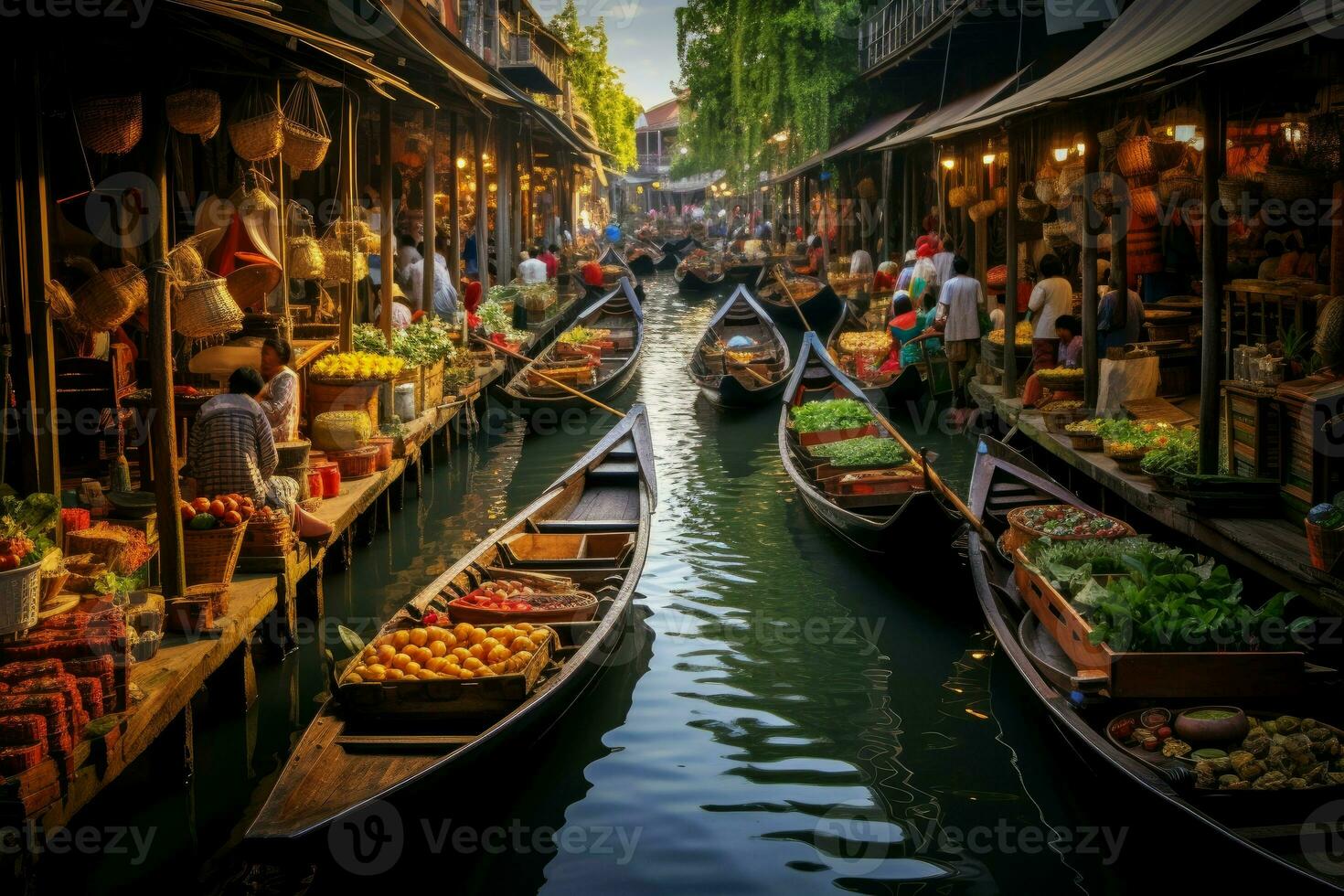 Vibrant Floating food market river. Generate Ai photo