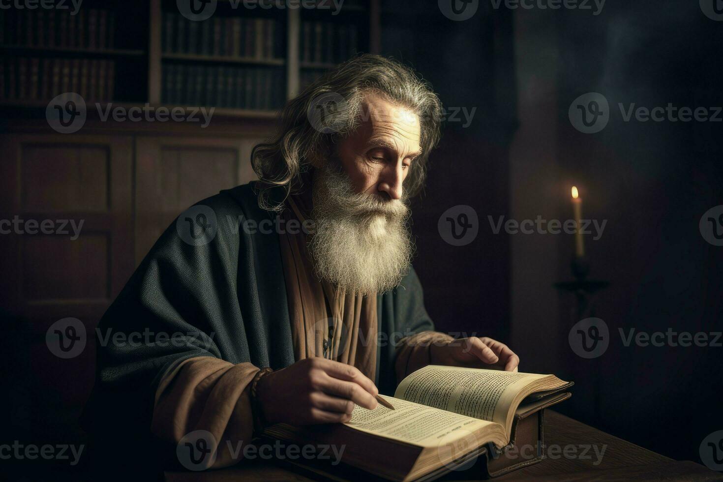 Philosopher read old ancient book. Generate Ai photo