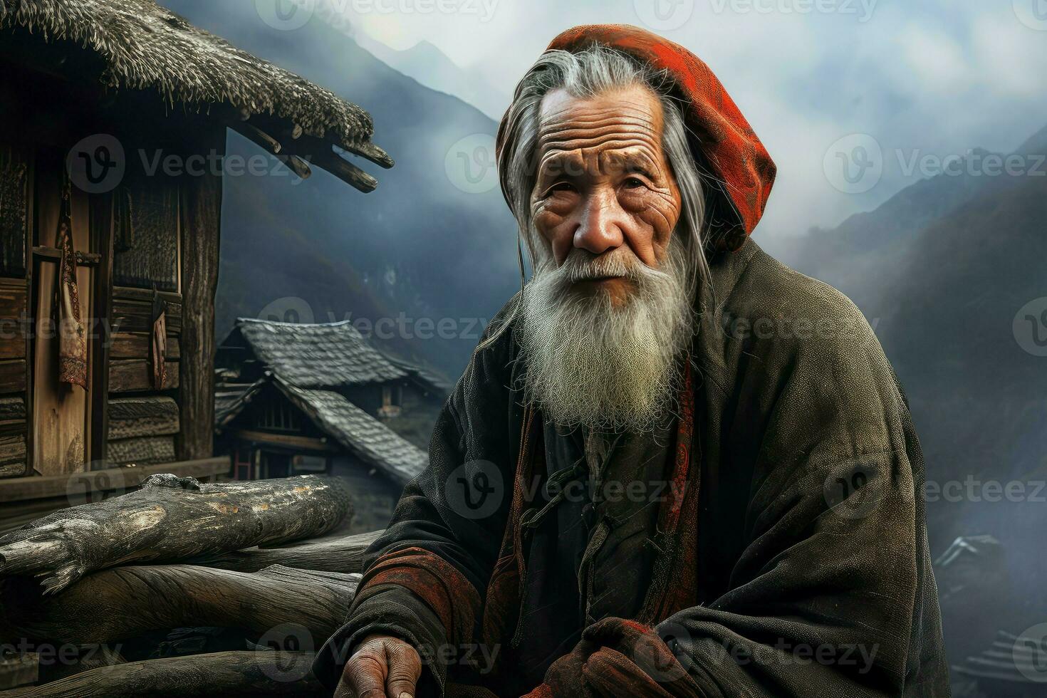 Wise Chinese village old person. Generate Ai photo