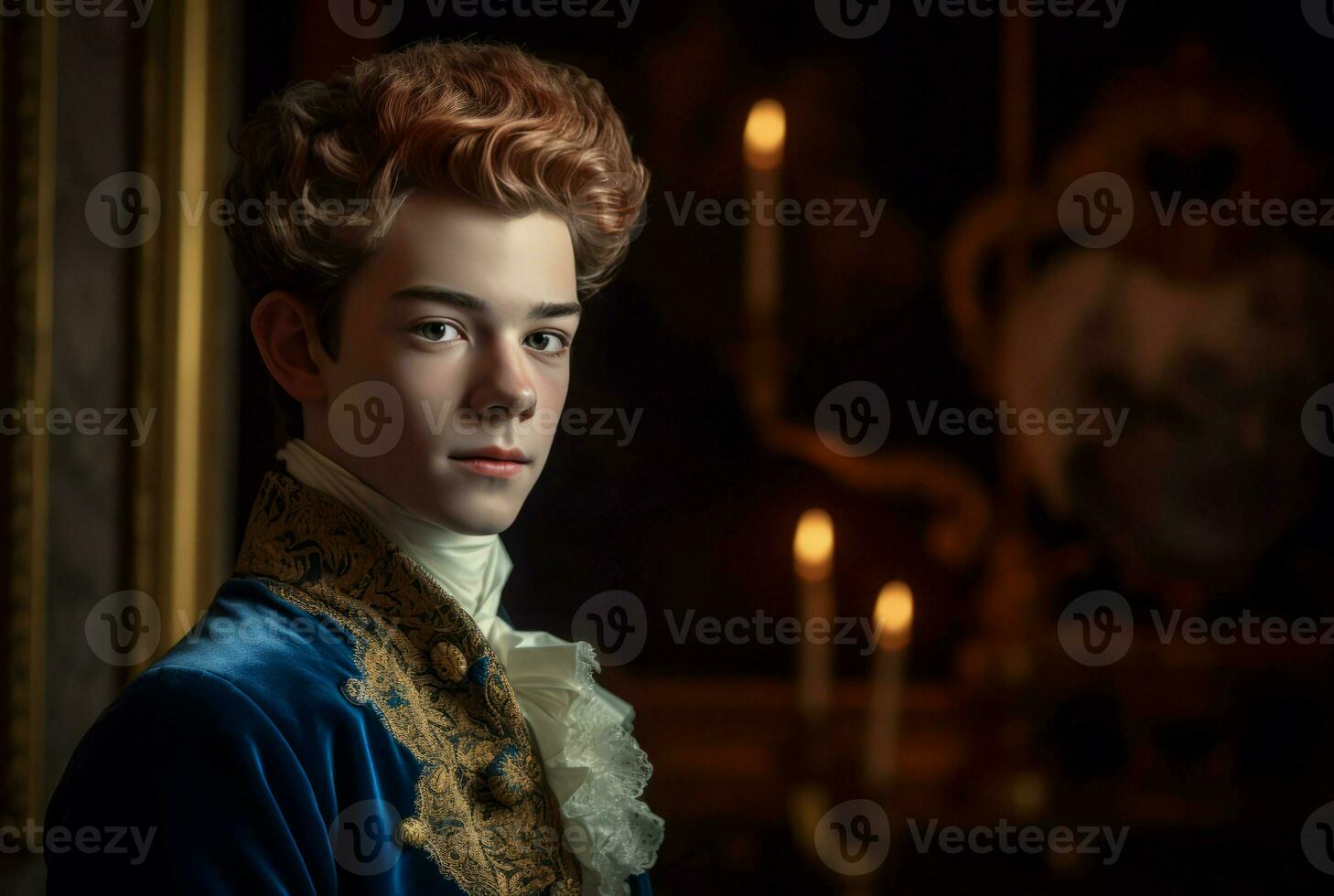 Versailles 18 years old son portrait in castle room. Generate Ai photo