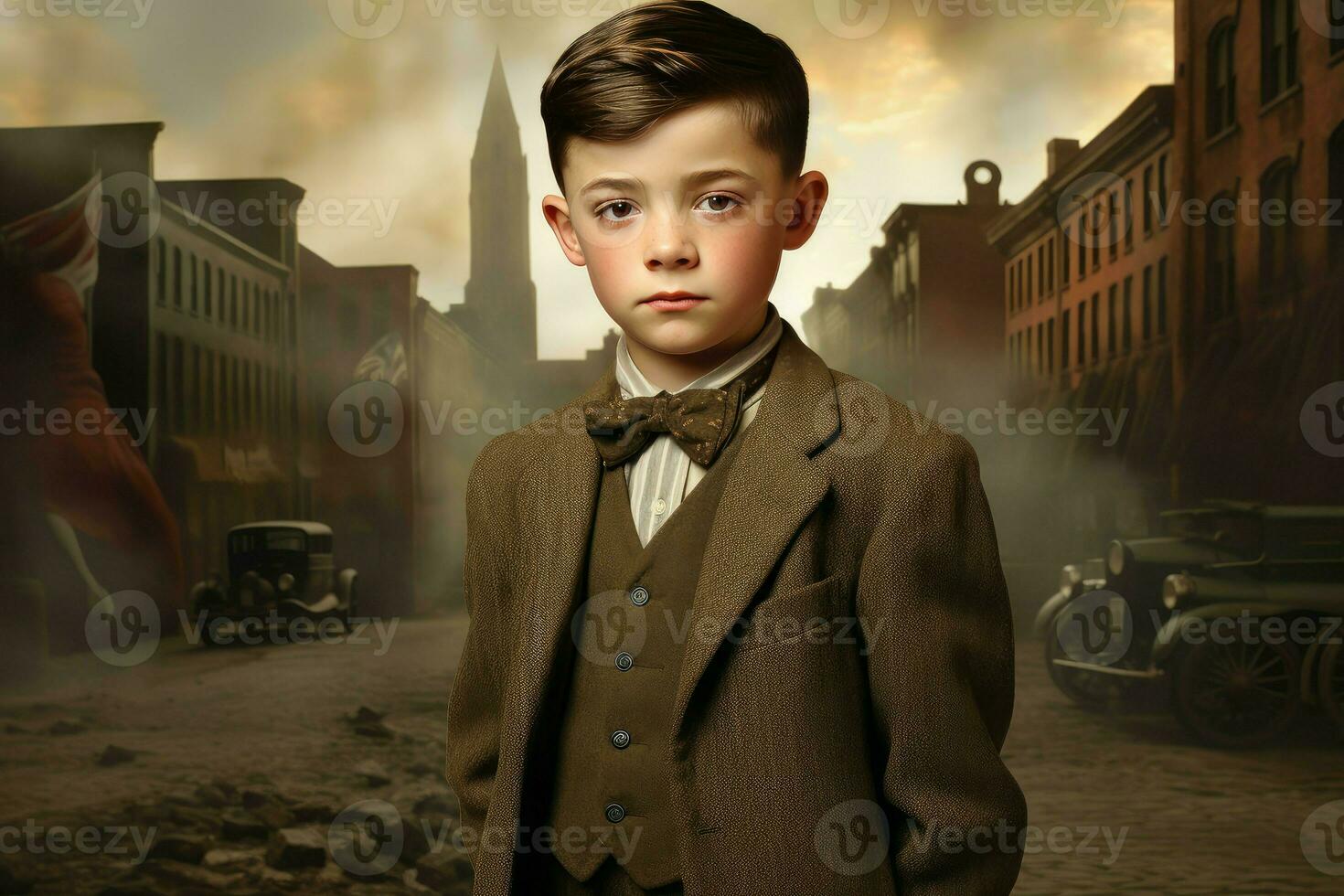 Adventurous American 1920 child boy in town. Generate AI photo