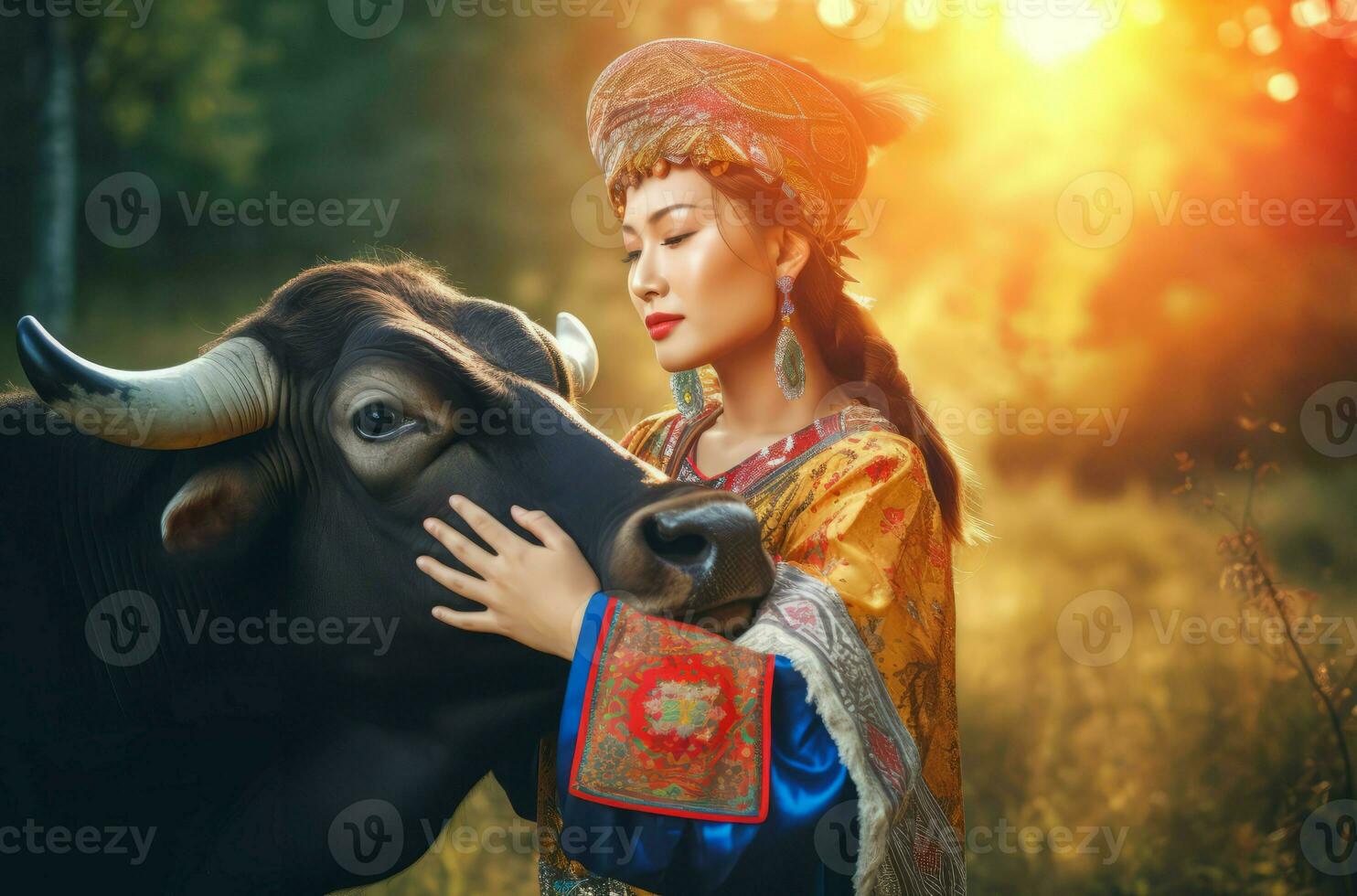 Beautiful Asian woman hugging cow on field. Generate ai photo