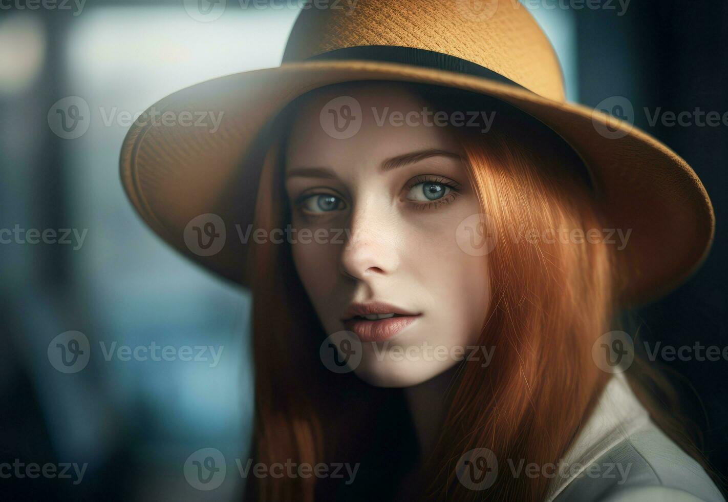Beautiful red haired girl with hat. Generate ai photo