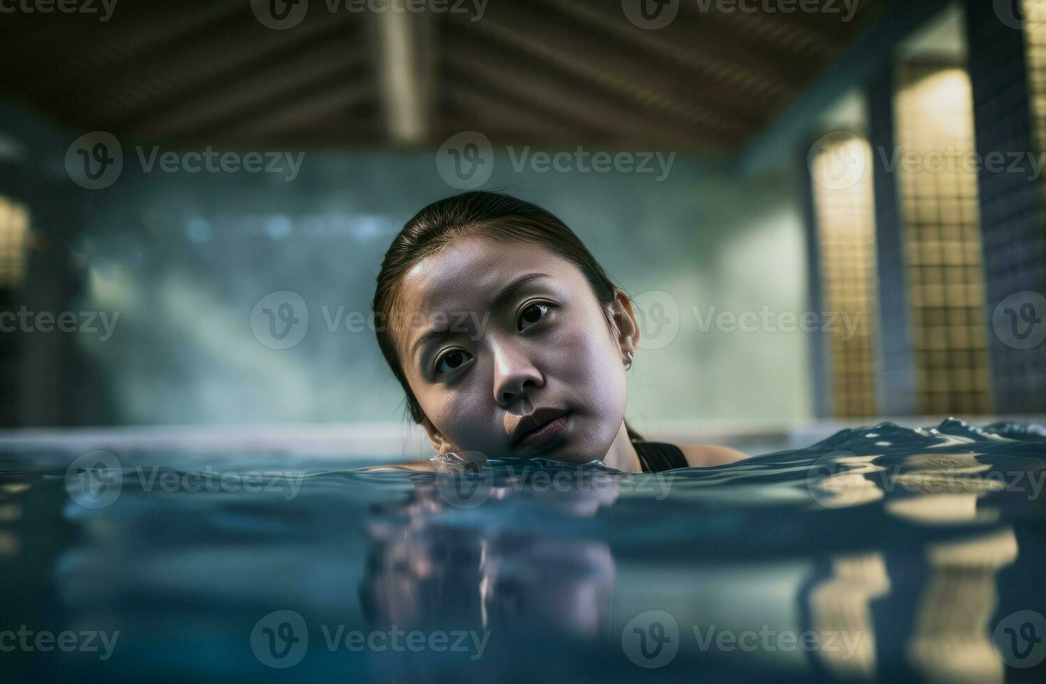 Asian woman swimming in sport indoor pool. Generate ai photo