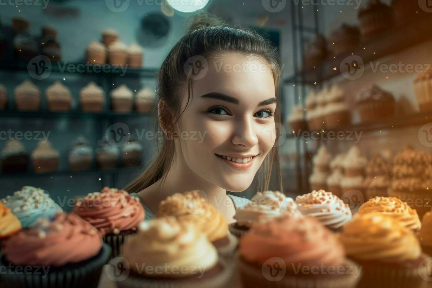 Girl sell muffins. Generate Ai photo