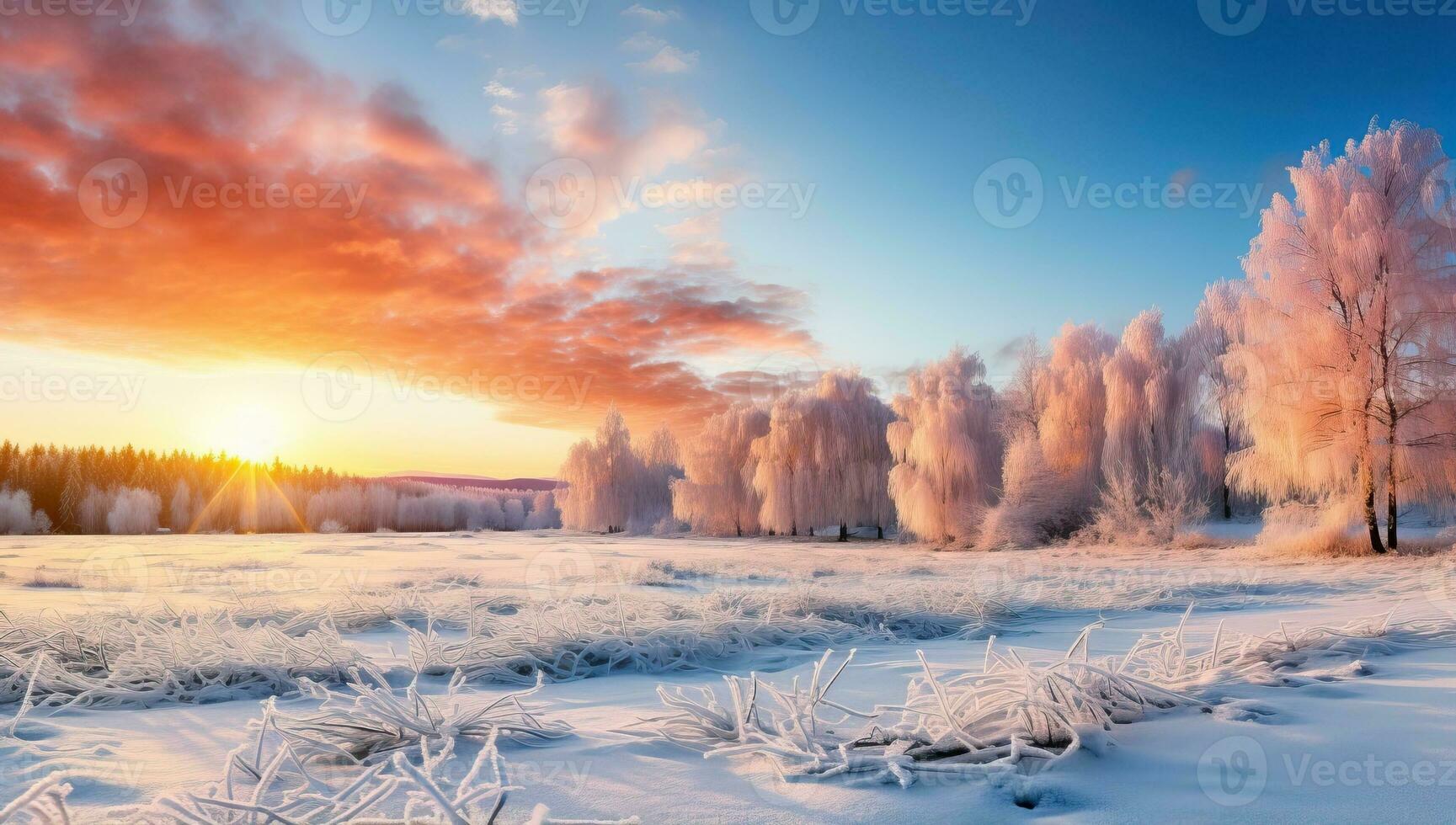 Winter landscape with frozen trees and snow in the foreground. Colorful sunset. AI Generated. photo