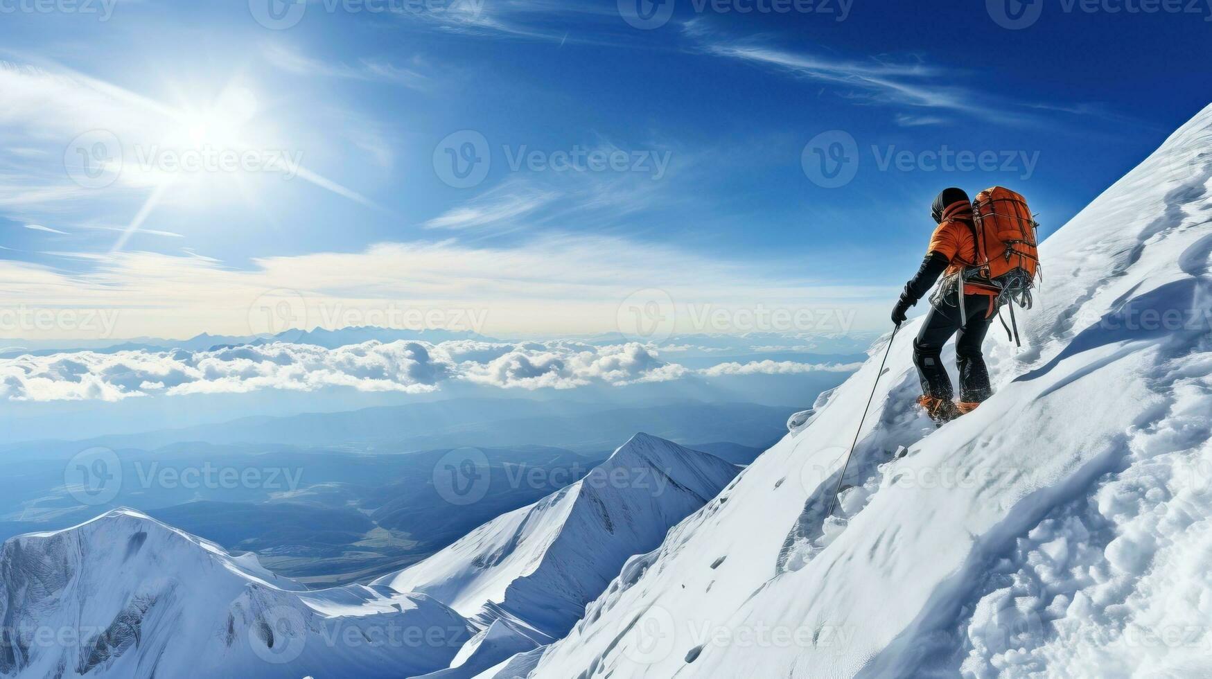 Climber with backpack and snowshoes on the background of mountains. AI Generated. photo
