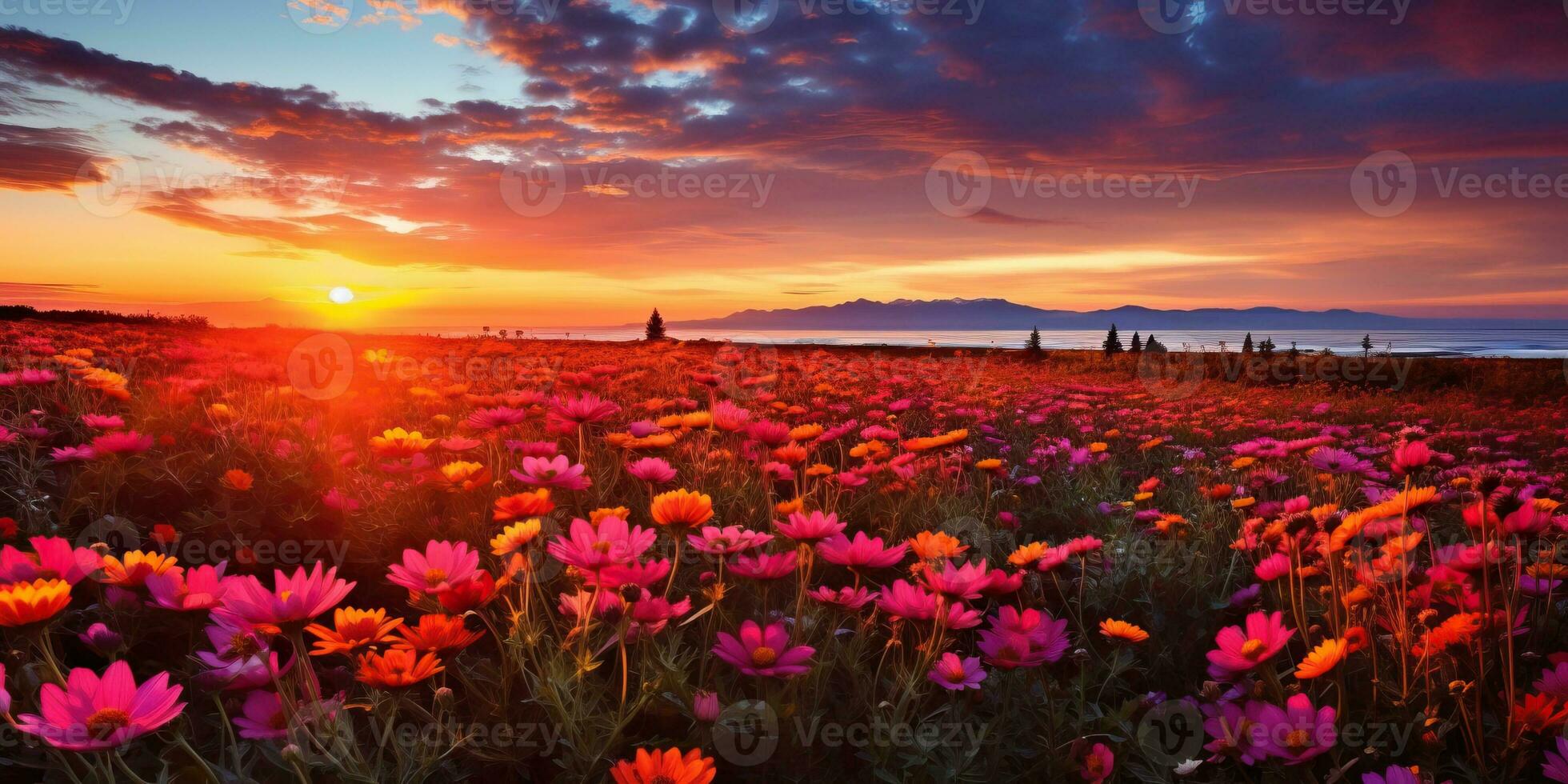 Beautiful sunset over the field with pink cosmos flowers. Colorful summer landscape AI Generated photo