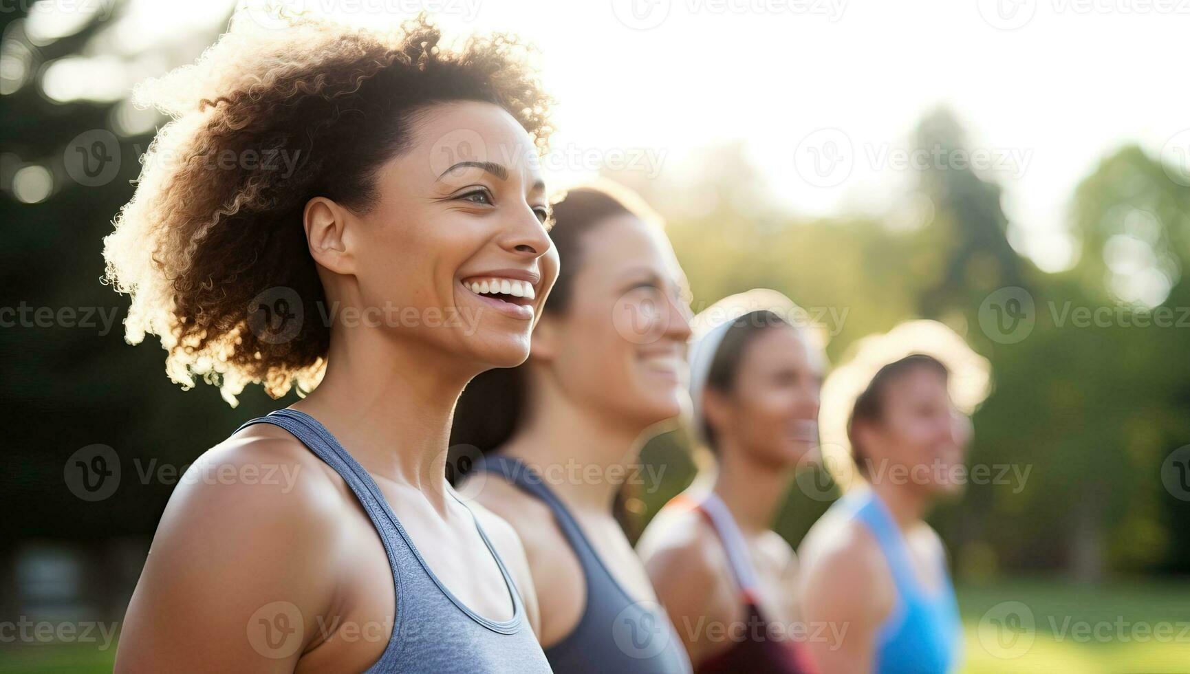 group of smiling women exercising outdoors. AI Generated. photo