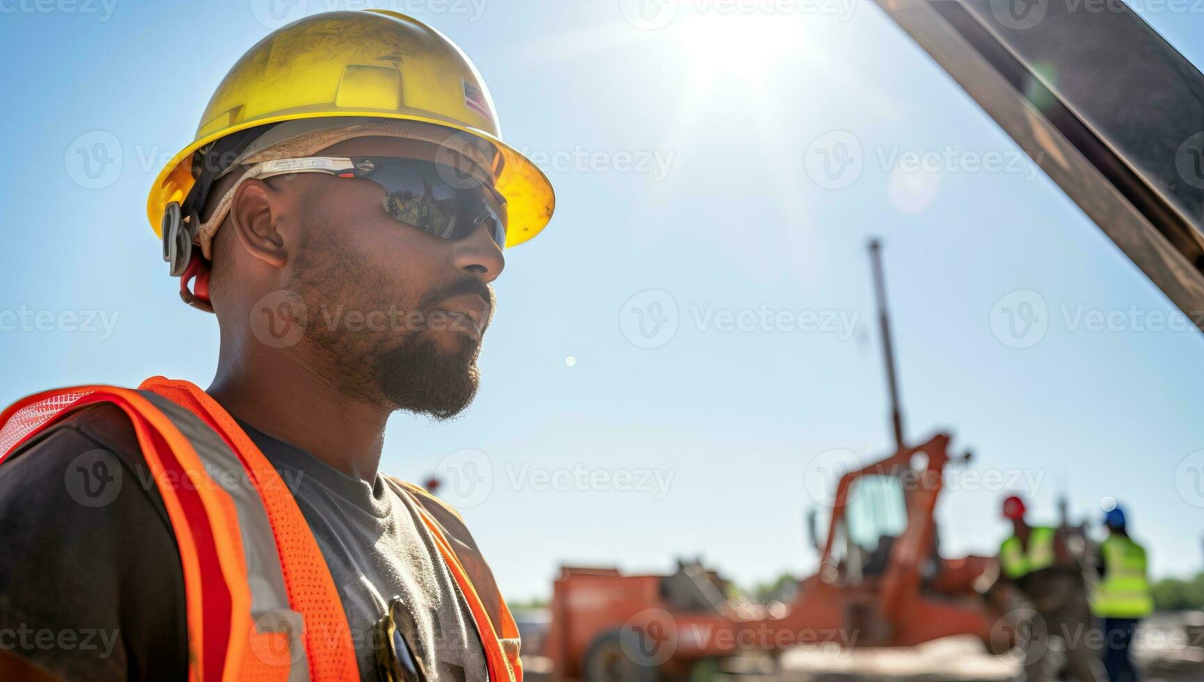 Portrait of african american worker in hardhat standing at construction site. AI Generated. photo