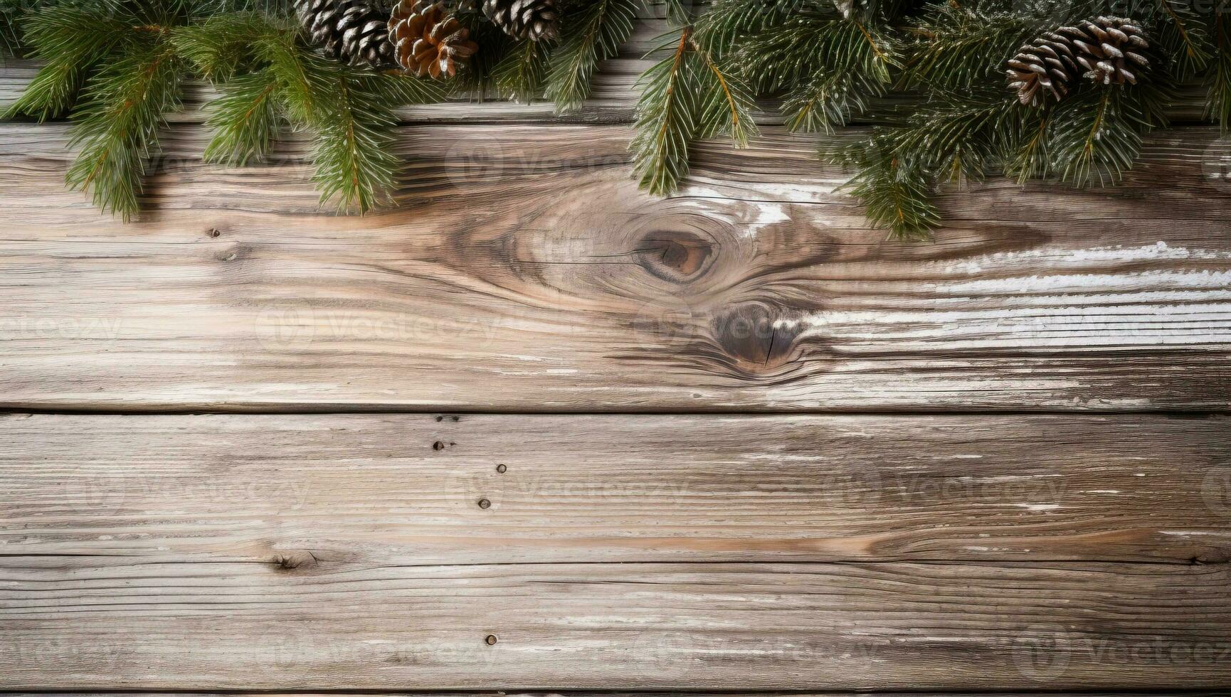 Christmas fir tree branches on wooden background. Top view with copy space AI Generated photo