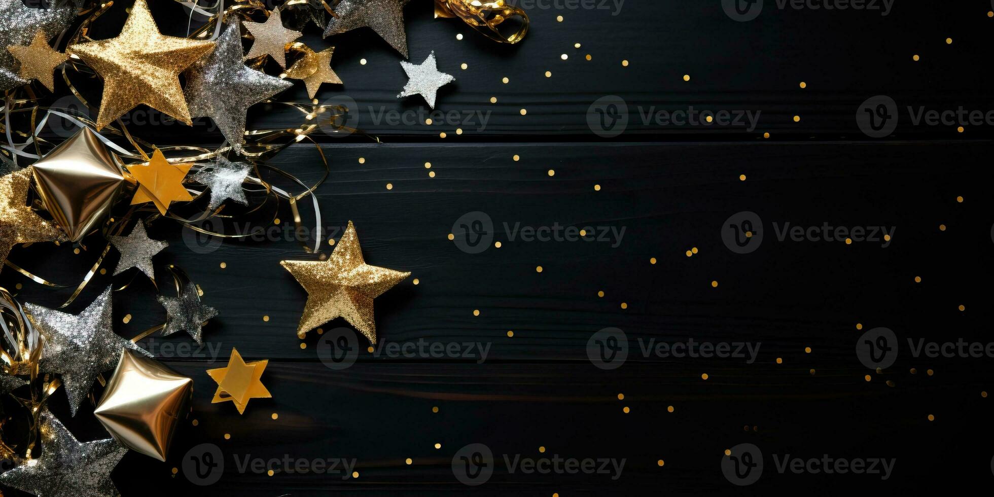 Navidad y nuevo año antecedentes con dorado y plata estrellas en negro de madera antecedentes. ai generado. foto