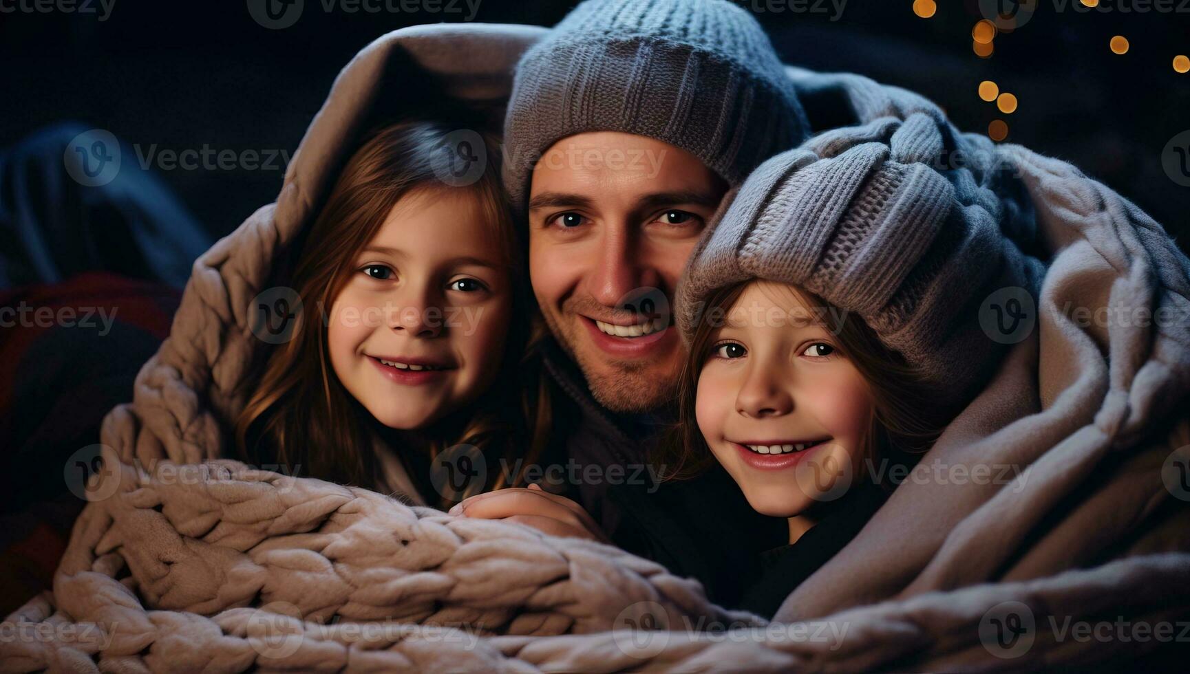 Portrait of a happy family in knitted hats and scarves under a blanket. AI Generated. photo