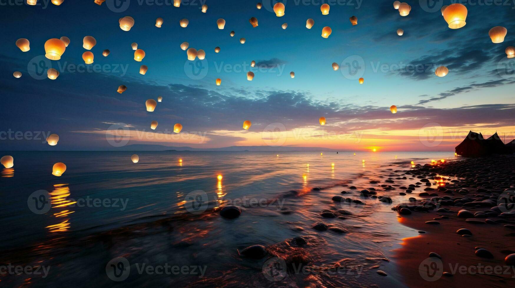 Lampions floating in the sky over the sea AI Generated photo