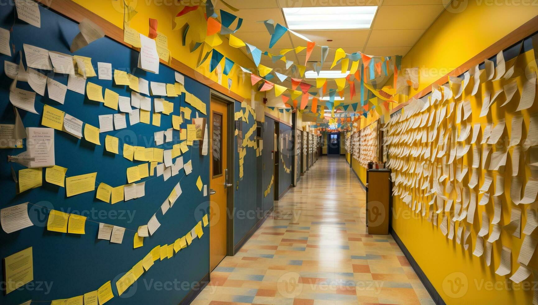 Interior of a school corridor with a lot of post it notes. AI Generated. photo