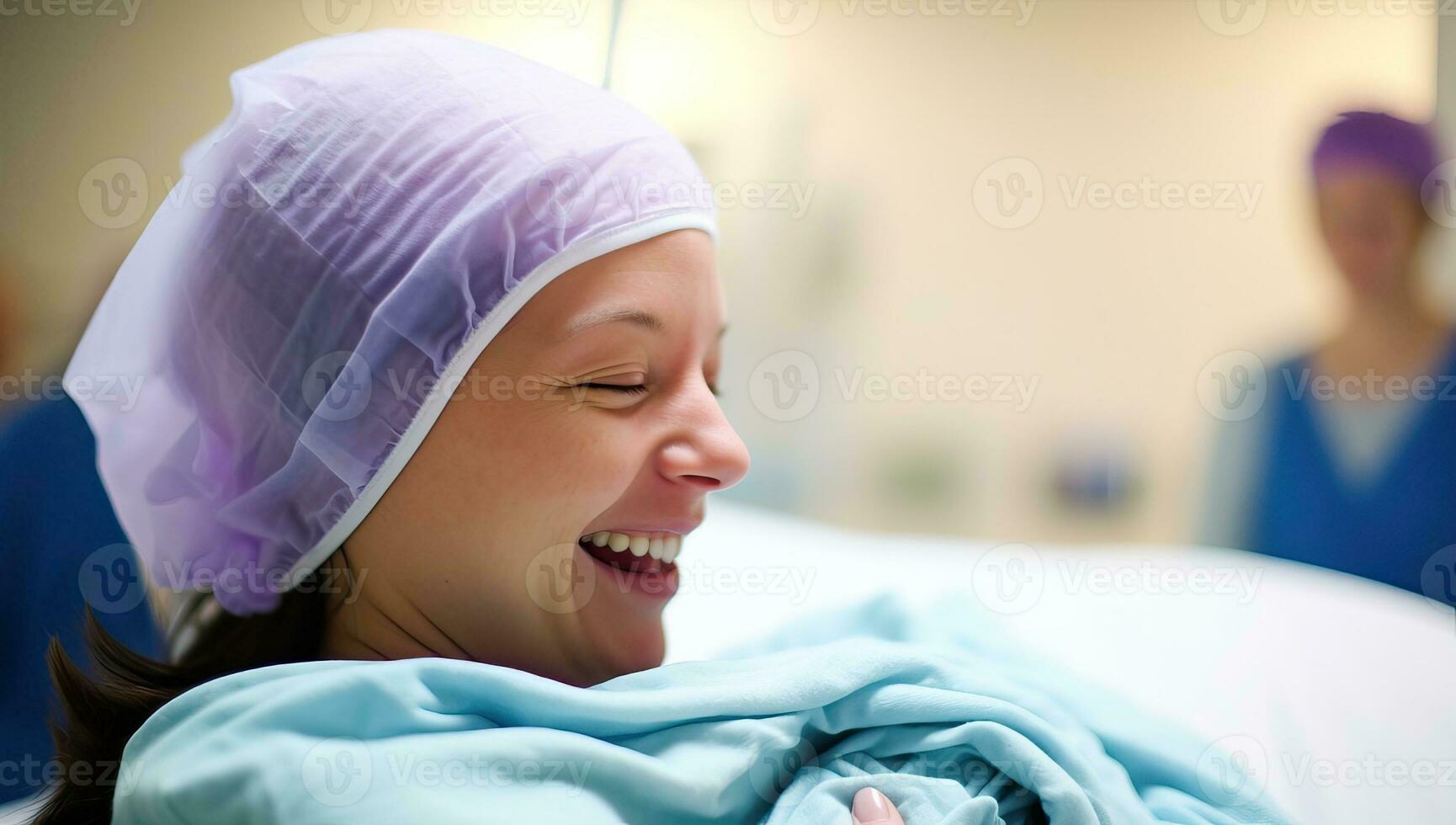 a smiling female patient lying on a bed at the hospital. AI Generated. photo