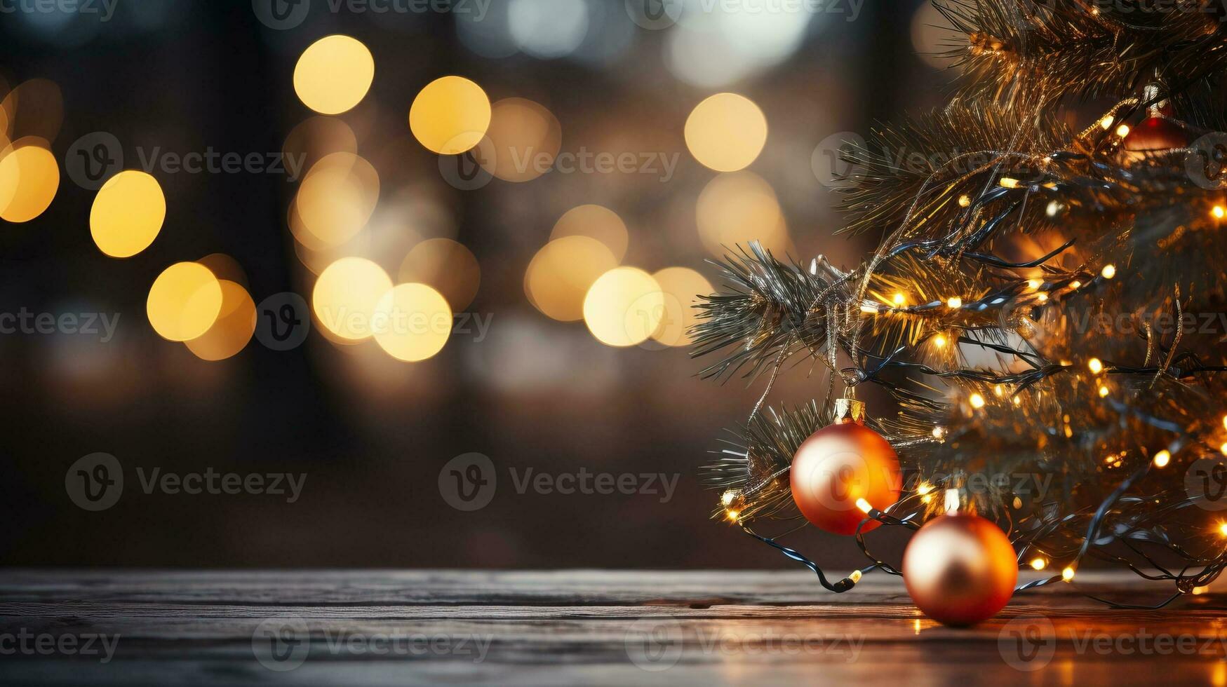 Christmas decoration on wooden background with bokeh lights. Copy space. AI Generated. photo