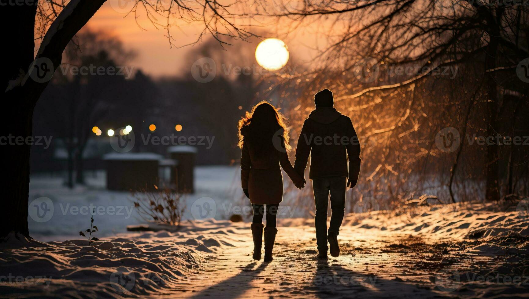 Young couple walking in winter park at sunset. Love and romance. AI Generated. photo