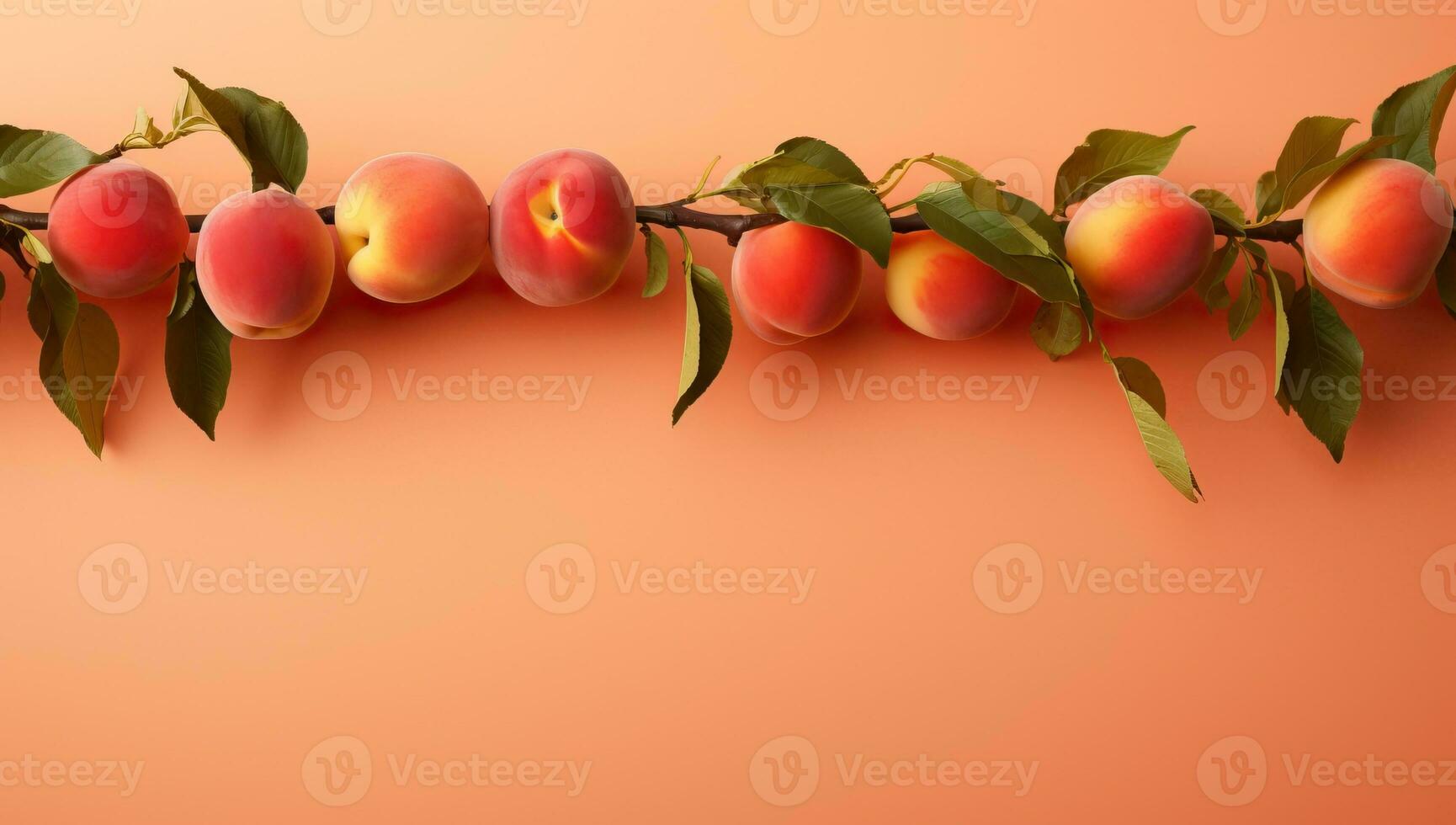 Ripe apricots with green leaves on orange background. Copy space AI Generated photo