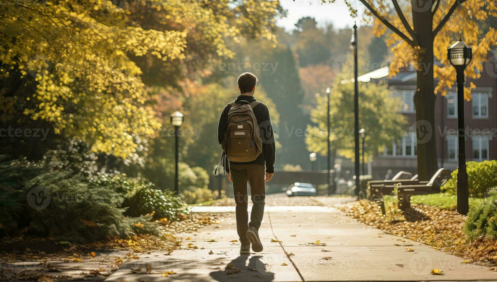 Student Walking on Autumn Campus AI Generated photo