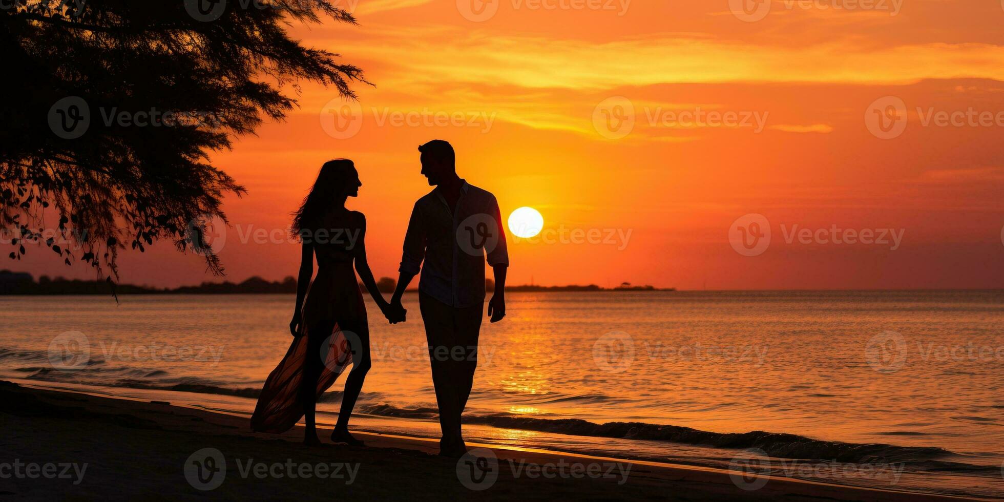 Silhouette of a romantic couple on the beach at sunset AI Generated photo