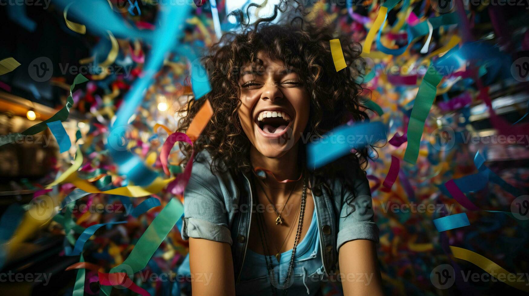 Portrait of young woman with curly hair having fun with confetti in nightclub AI Generated photo