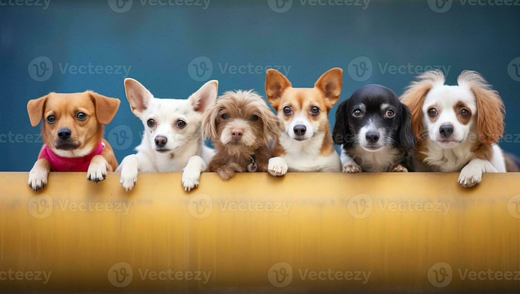 group of chihuahua dog sitting on a yellow fence. AI Generated. photo