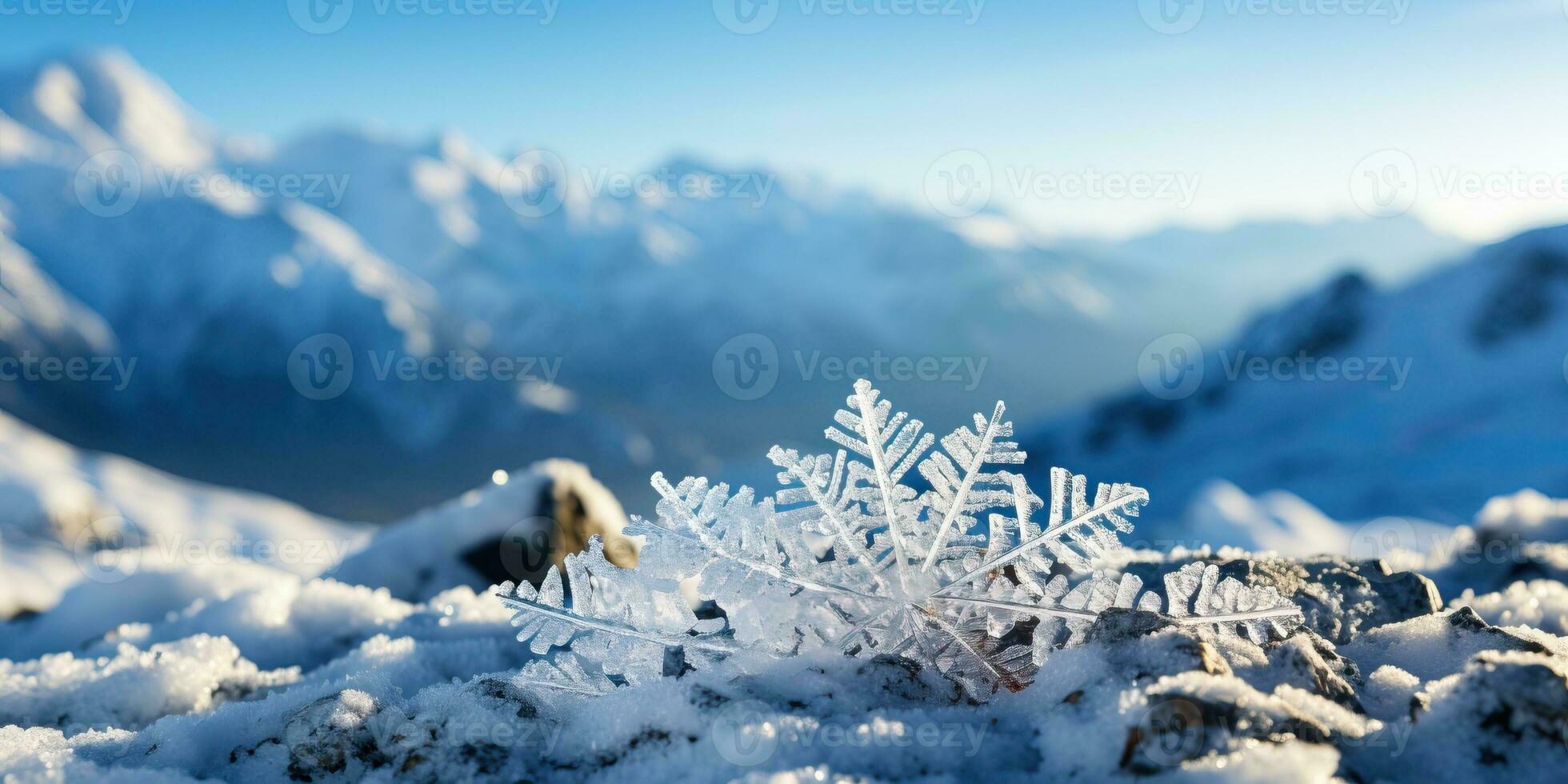 Snowflake on a rock against the background of snow-capped mountains. AI Generated. photo