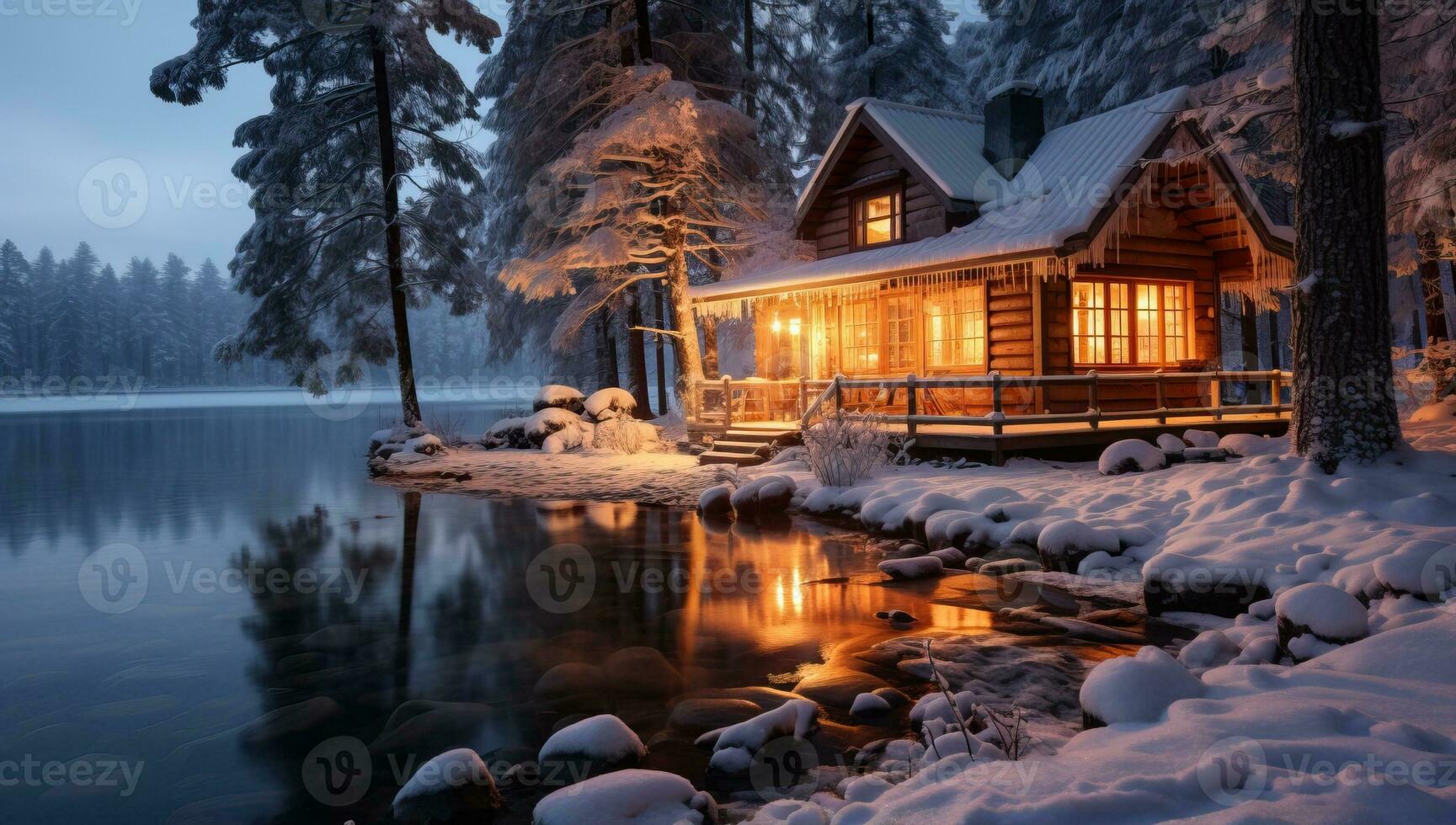 hermosa de madera casa en el lago a noche. invierno paisaje. ai generado. foto