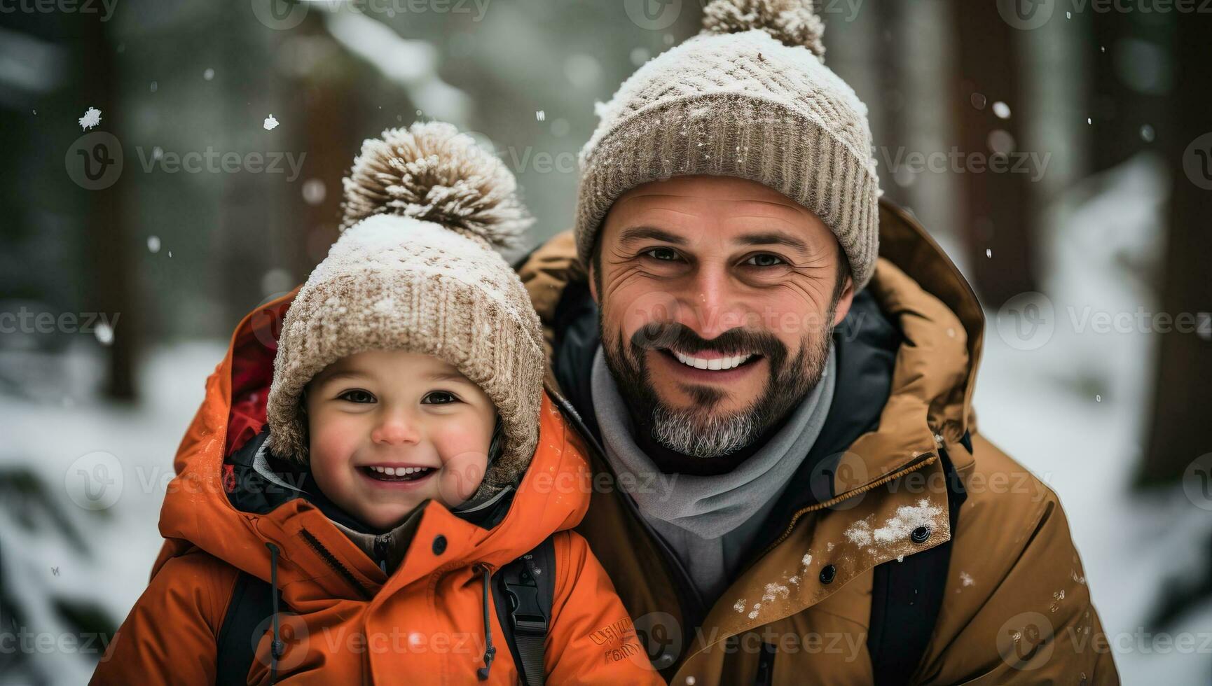 retrato de un contento padre y hijo en el invierno bosque ai generado foto