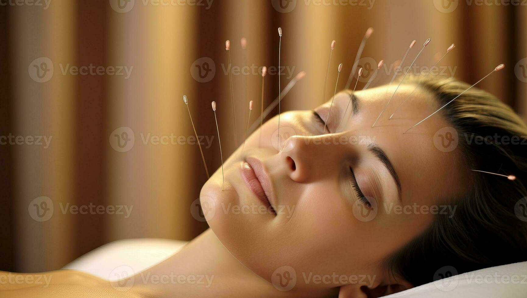 mujer a el masaje mesa con acupuntura agujas en su rostro. ai generado. foto