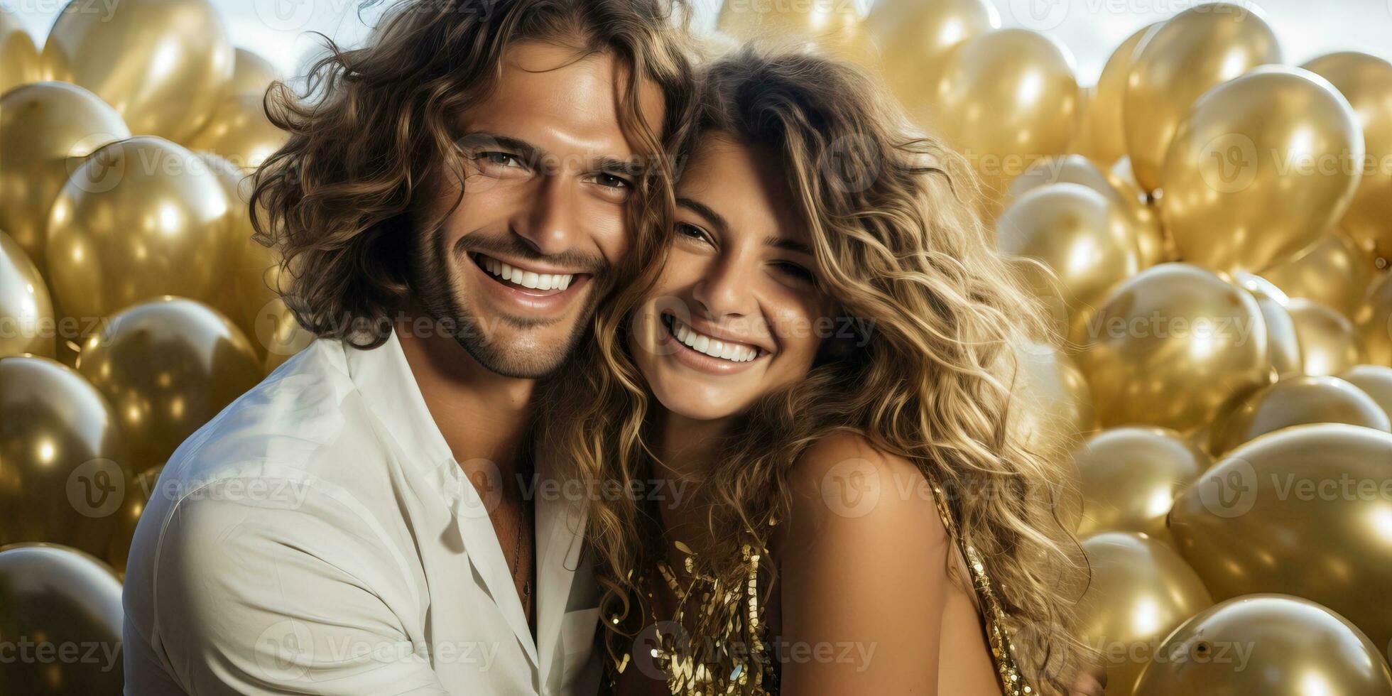 Beautiful young couple with golden balloons at birthday party AI Generated photo